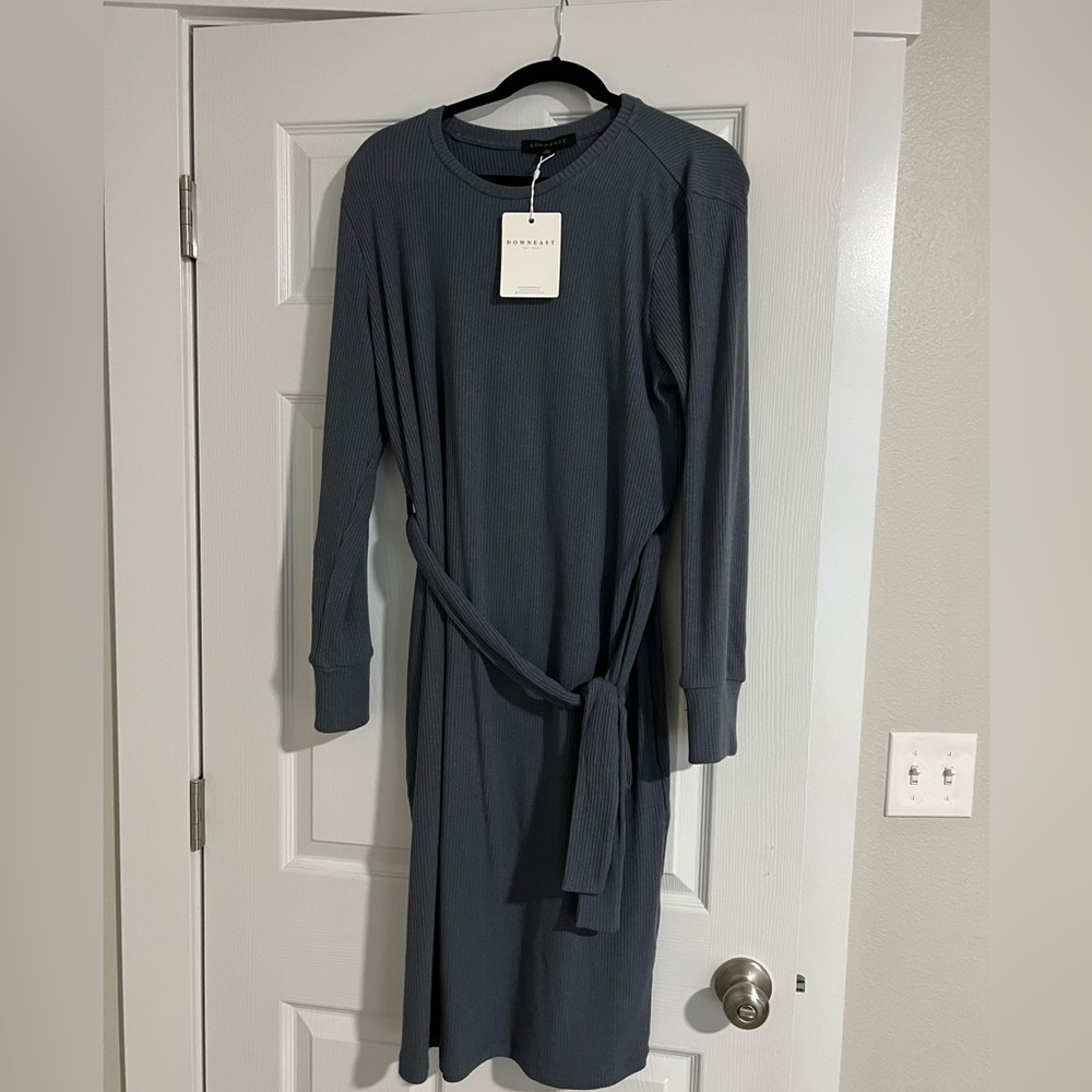 NWT XL Dark blue sweater dress long sleeves stretchy knee length waste tie
